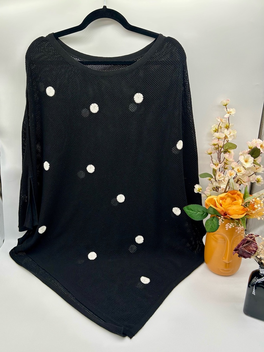 Vintage Classy Old Money Black Knit Polka Dot Pullover with 3-D White Spots